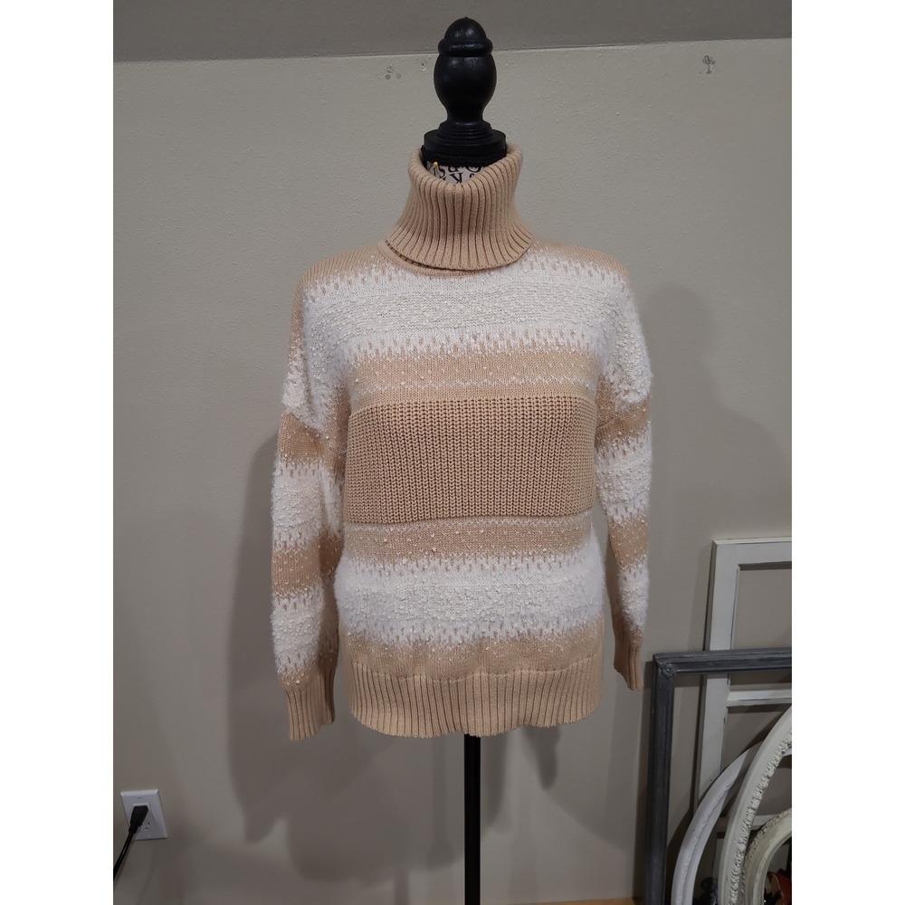 Tahari Women SZ S textured knit Turtle Neck Sweater tan cream office casual ski